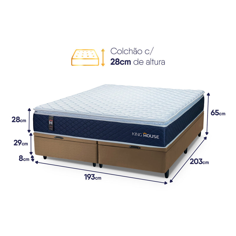 Cama Box Baú Lagras c/ Molas Ensacadas 193x203 Azul e Marrom Espuma D26 Suporta 110 kg