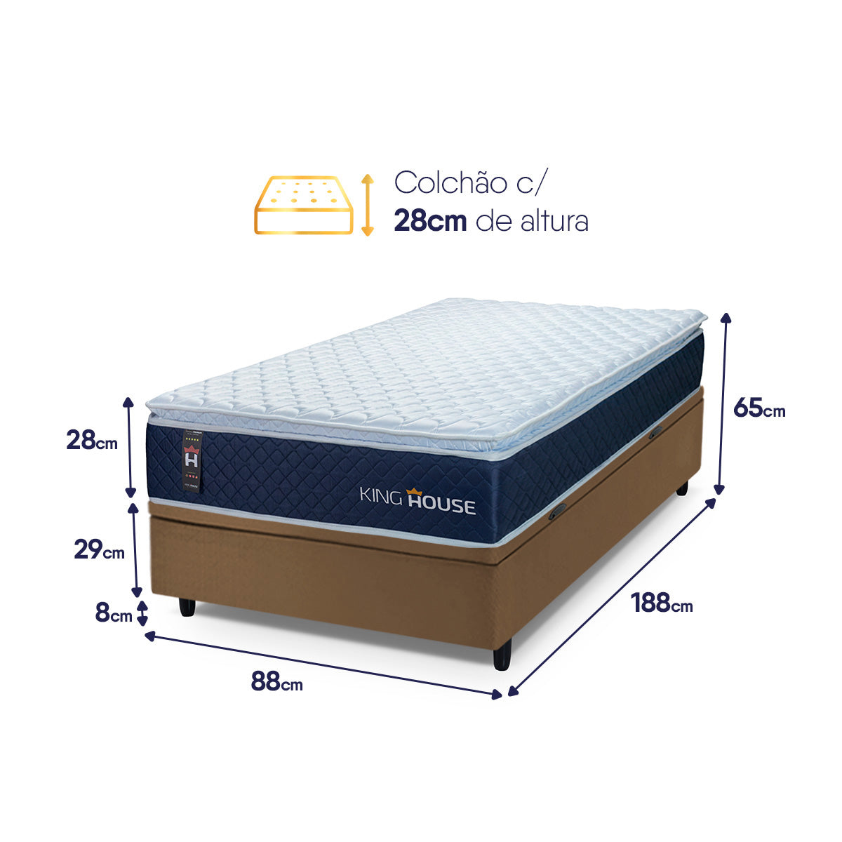 Cama Box Baú Lagras 88x188 Azul e Marrom c/ Molas Ensacadas Espuma D26 Suporta 110 kg
