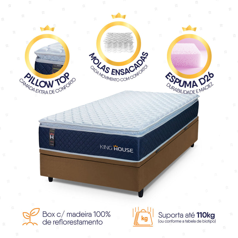 Cama Box Baú Lagras 88x188 Azul e Marrom c/ Molas Ensacadas Espuma D26 Suporta 110 kg