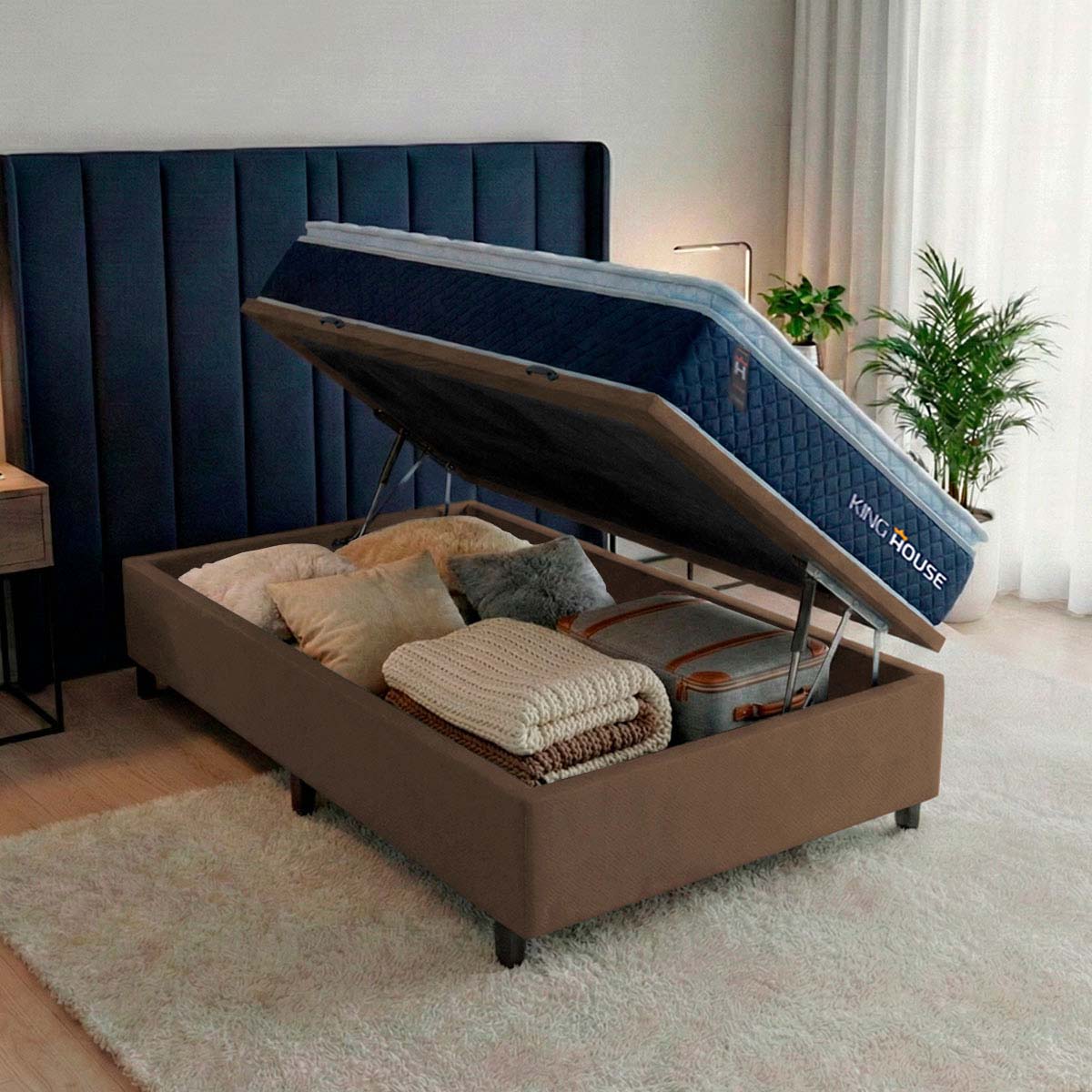 Cama Box Baú Lagras 96x203 Azul e Marrom c/ Molas Ensacadas Espuma D26 Suporta 110 kg