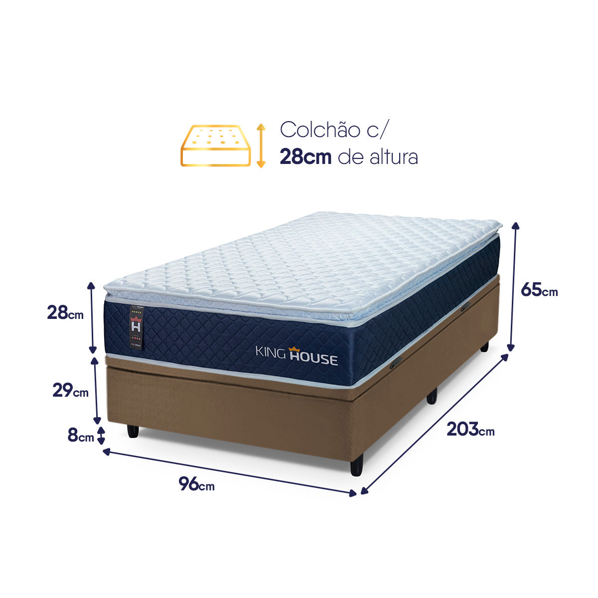 Cama Box Baú Lagras 96x203 Azul e Marrom c/ Molas Ensacadas Espuma D26 Suporta 110 kg