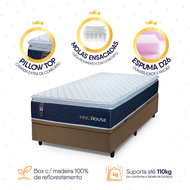 Cama Box Baú Lagras 96x203 Azul e Marrom c/ Molas Ensacadas Espuma D26 Suporta 110 kg