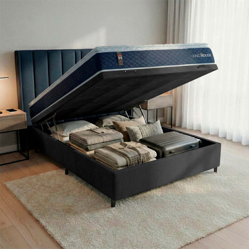 Cama Box Baú Lagras 138x188 Azul e Preto c/ Molas Ensacadas Espuma D26 Suporta 110 kg