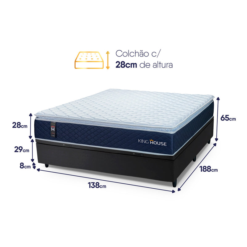 Cama Box Baú Lagras 138x188 Azul e Preto c/ Molas Ensacadas Espuma D26 Suporta 110 kg