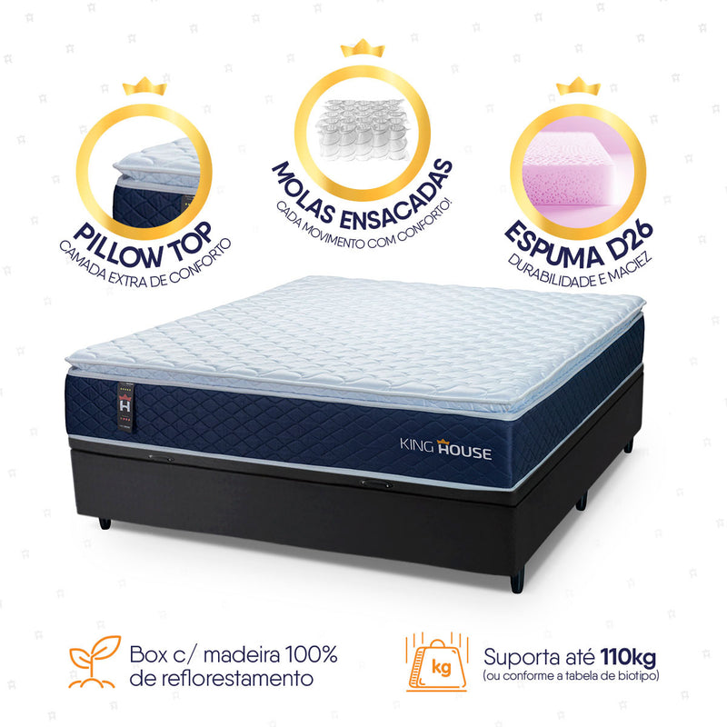 Cama Box Baú Lagras 138x188 Azul e Preto c/ Molas Ensacadas Espuma D26 Suporta 110 kg