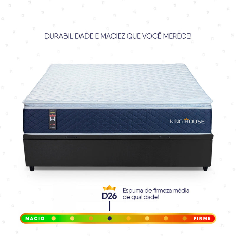 Cama Box Baú Lagras 138x188 Azul e Preto c/ Molas Ensacadas Espuma D26 Suporta 110 kg