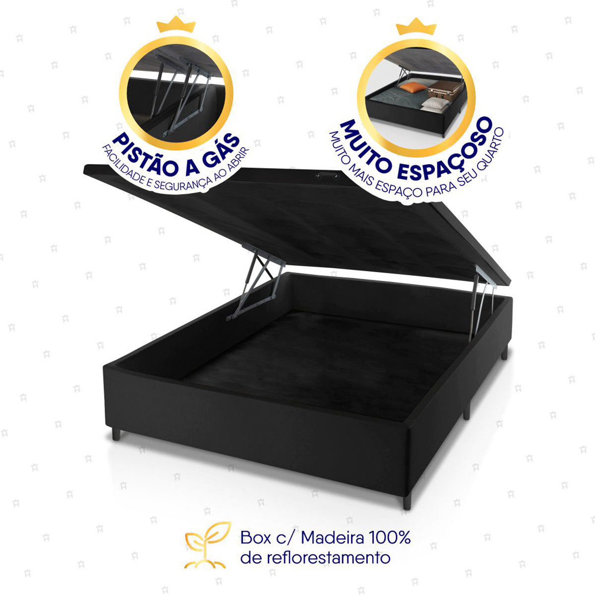 Cama Box Baú Lagras 138x188 Azul e Preto c/ Molas Ensacadas Espuma D26 Suporta 110 kg
