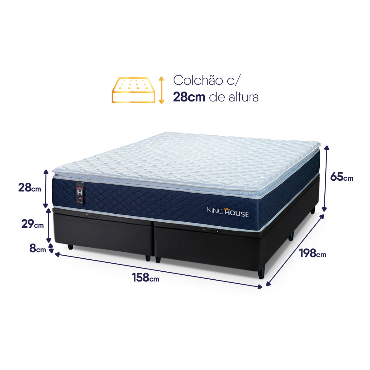Cama Box Baú Lagras c/ Molas Ensacadas 158x198 Azul e Preto Espuma D26 Suporta 110 kg
