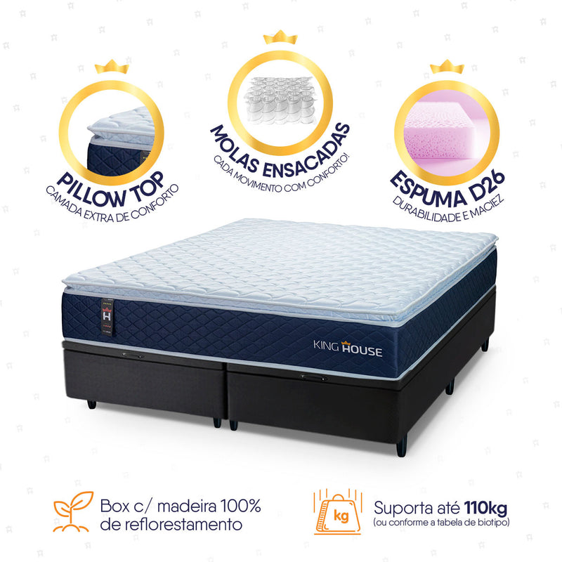 Cama Box Baú Lagras c/ Molas Ensacadas 158x198 Azul e Preto Espuma D26 Suporta 110 kg