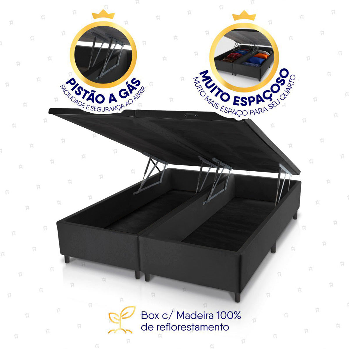 Cama Box Baú Lagras c/ Molas Ensacadas 158x198 Azul e Preto Espuma D26 Suporta 110 kg