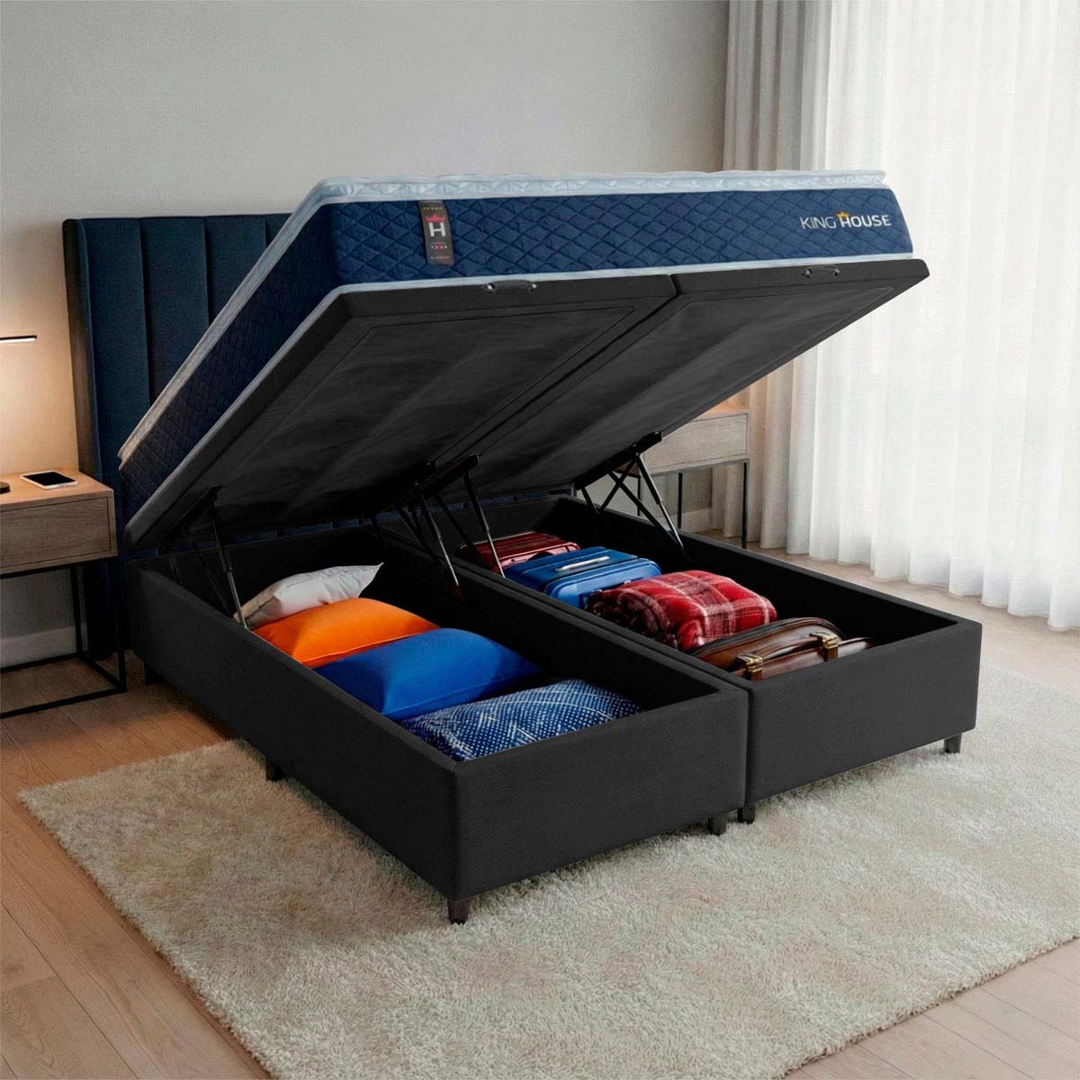 Cama Box Baú Lagras c/ Molas Ensacadas 193x203 Azul e Preto Espuma D26 Suporta 110 kg