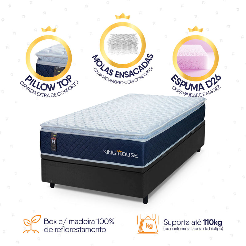 Cama Box Baú Lagras 88x188 Azul e Preto c/ Molas Ensacadas Espuma D26 Suporta 110 kg