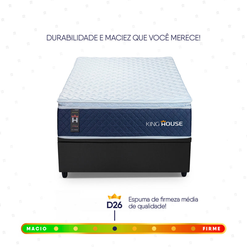 Cama Box Baú Lagras 88x188 Azul e Preto c/ Molas Ensacadas Espuma D26 Suporta 110 kg