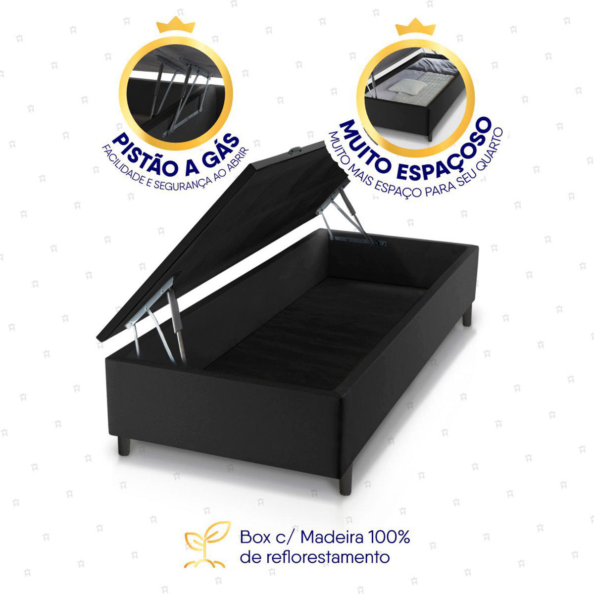 Cama Box Baú Lagras 88x188 Azul e Preto c/ Molas Ensacadas Espuma D26 Suporta 110 kg