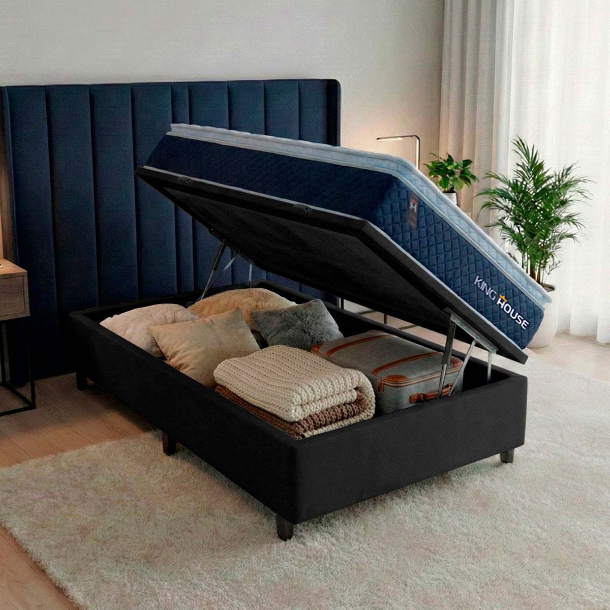 Cama Box Baú Lagras 96x203 Azul e Preto c/ Molas Ensacadas Espuma D26 Suporta 110 kg