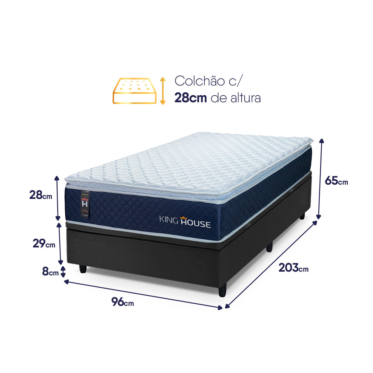 Cama Box Baú Lagras 96x203 Azul e Preto c/ Molas Ensacadas Espuma D26 Suporta 110 kg