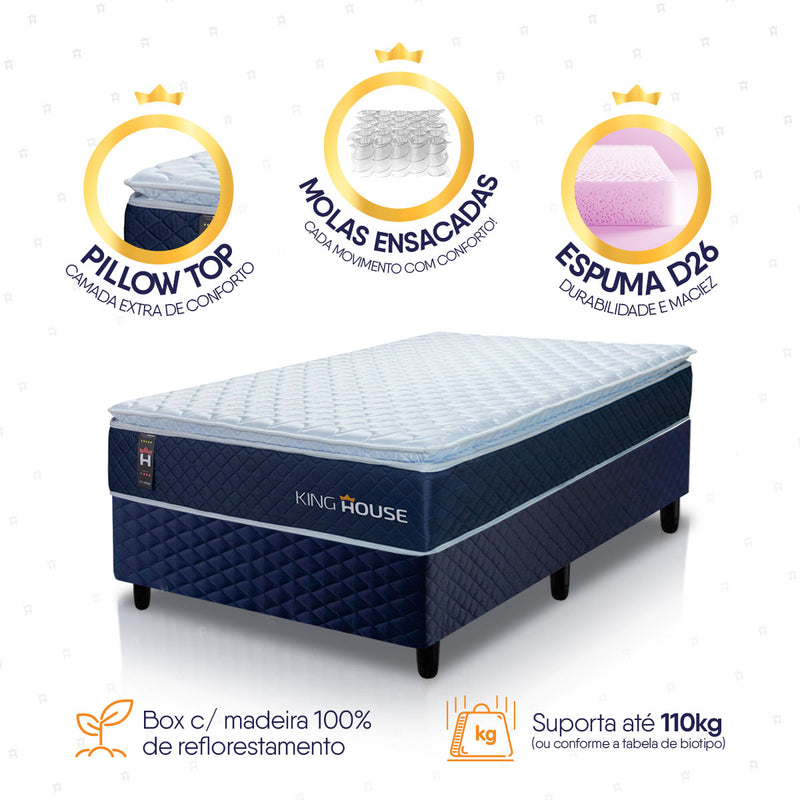 Conjunto Cama Box Solteirão Lagras 96x203x66 Branco c/ Molas Ensacadas Espuma D26 Suporta 110 Kg Por Pessoa