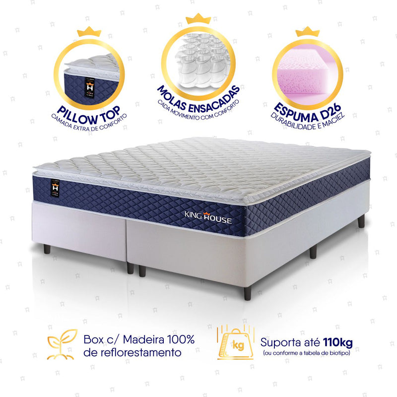 Cama Box Lagras Molas Ensacadas King 193x203 Branco Espuma D26 Suporta 120 Kg Por Pessoa
