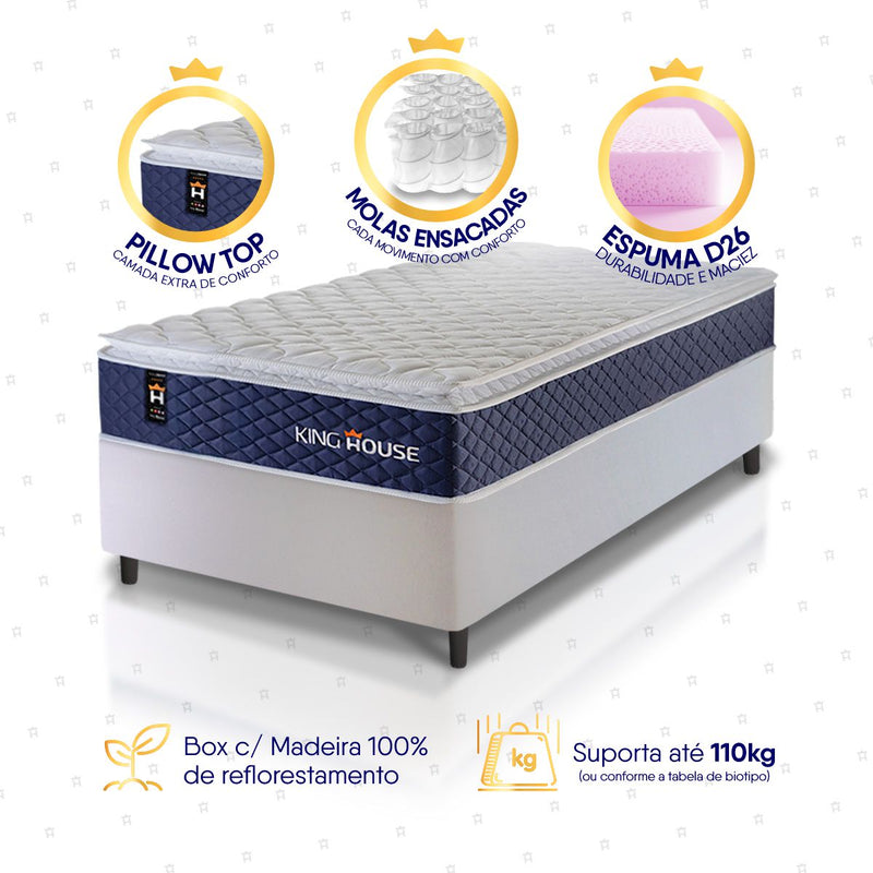 Cama Box Molas Ensacadas Lagras Solteiro 88x188 Branco Espuma D26 Suporta 120 Kg Por Pessoa