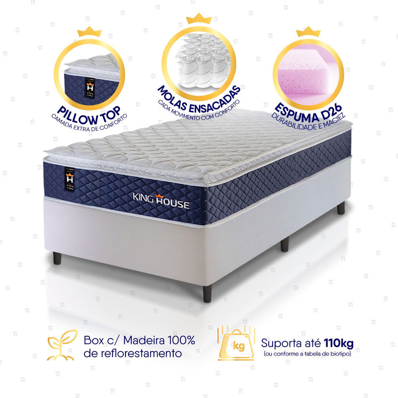 Cama Box Molas Ensacadas Lagras Solteirão 96x203 Branco Espuma D26 Suporta 120 Kg Por Pessoa