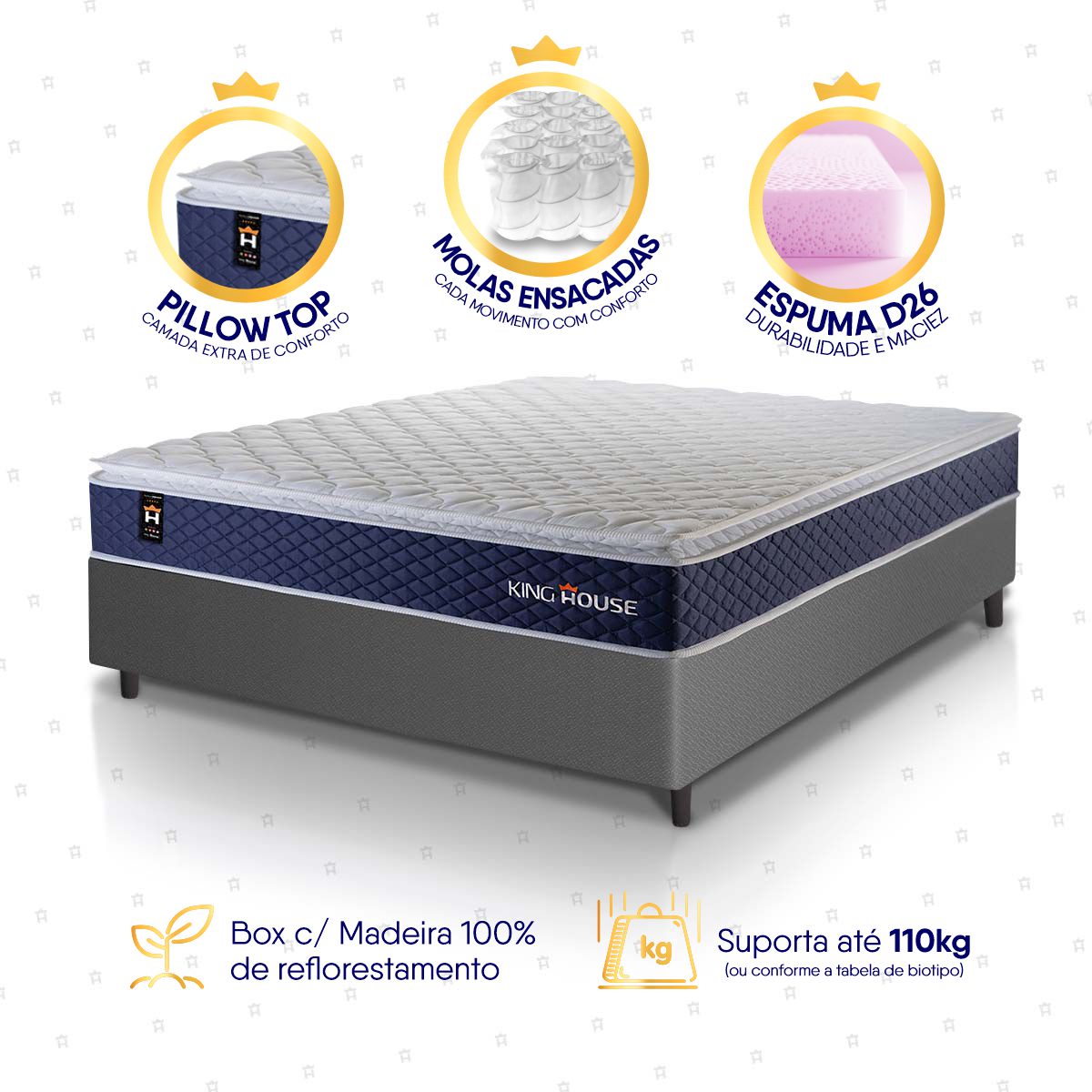 Cama Box Molas Ensacadas Lagras Casal 138x188 Cinza Espuma D26 Suporta 120 Kg Por Pessoa