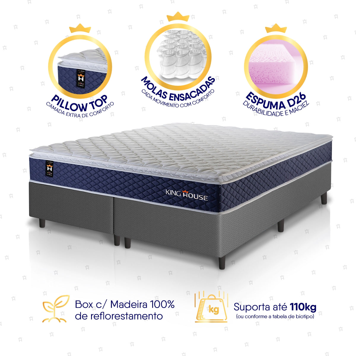 Cama Box Lagras Molas Ensacadas King 193x203 Cinza Espuma D26 Suporta 120 Kg Por Pessoa