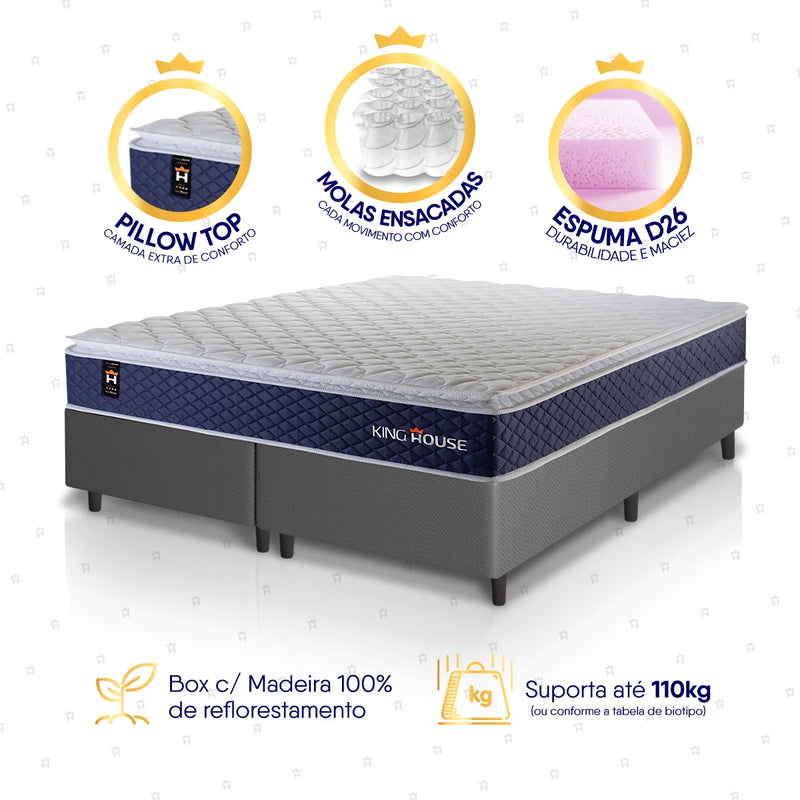 Cama Box Lagras Molas Ensacadas King 193x203 Cinza Espuma D26 Suporta 120 Kg Por Pessoa