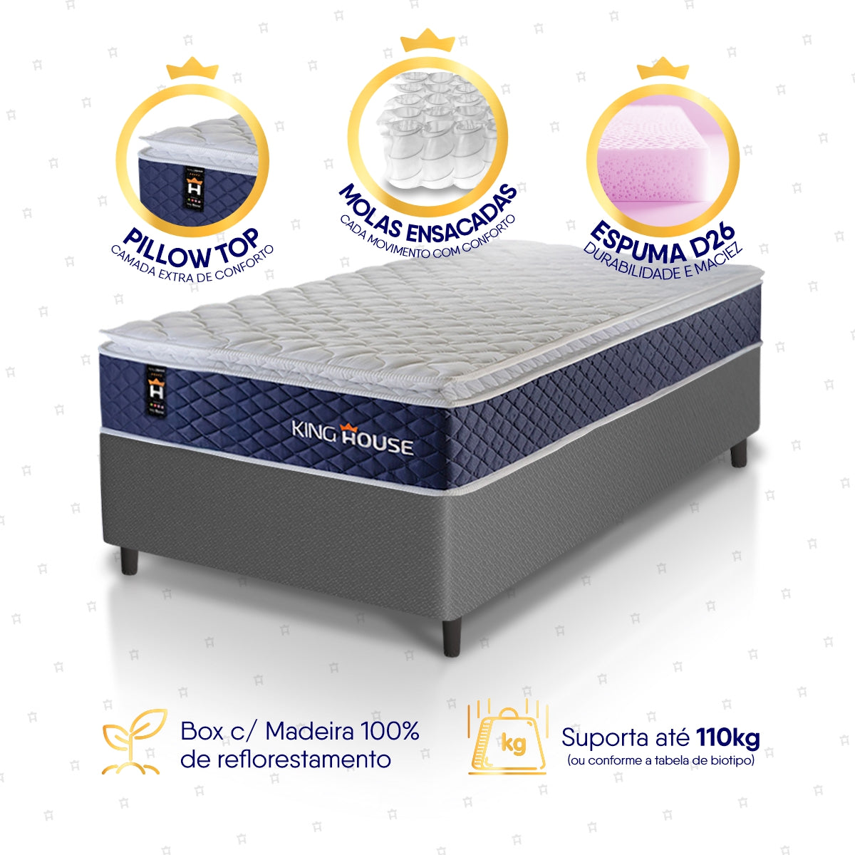 Cama Box Molas Ensacadas Lagras Solteiro 88x188 Cinza Espuma D26 Suporta 120 Kg Por Pessoa