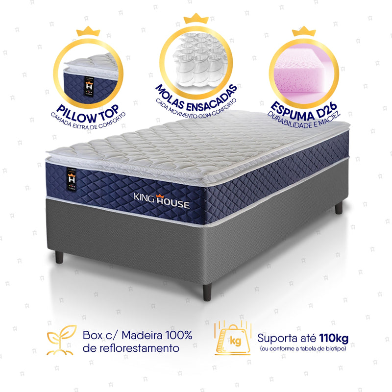 Cama Box Molas Ensacadas Lagras Solteiro 88x188 Cinza Espuma D26 Suporta 120 Kg Por Pessoa