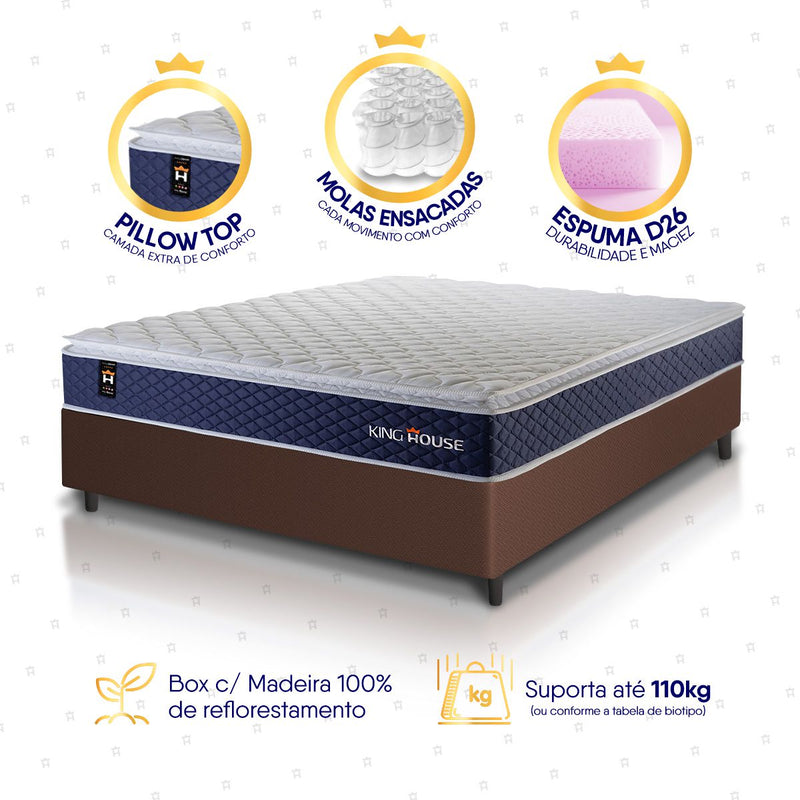 Cama Box Molas Ensacadas Lagras Casal 138x188 Marrom Espuma D26 Suporta 120 Kg Por Pessoa