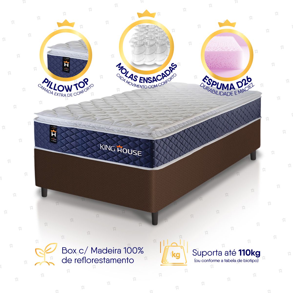 Cama Box Molas Ensacadas Lagras Solteiro 88x188 Marrom Espuma D26 Suporta 120 Kg Por Pessoa