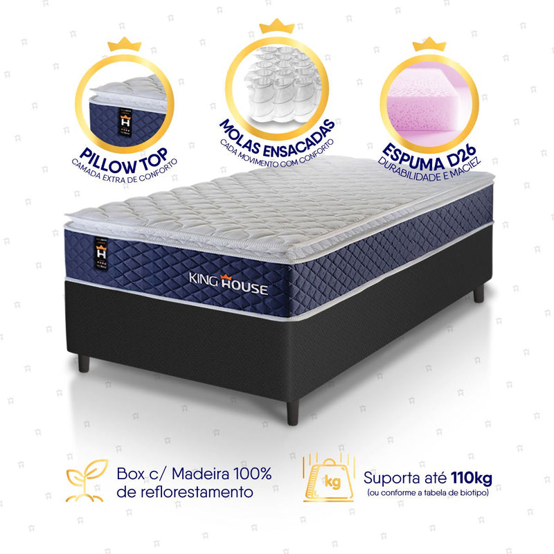 Cama Box Molas Ensacadas Lagras Solteiro 88x188 Preto Espuma D26 Suporta 120 Kg Por Pessoa