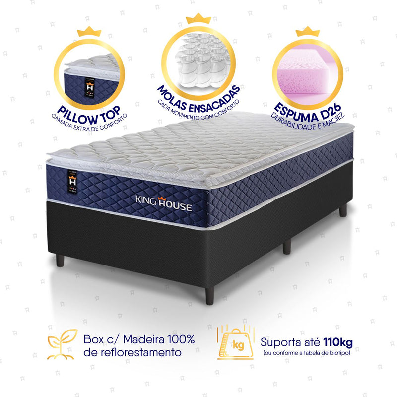 Cama Box Molas Ensacadas Lagras Solteirão 96x203 Preto Espuma D26 Suporta 120 Kg Por Pessoa