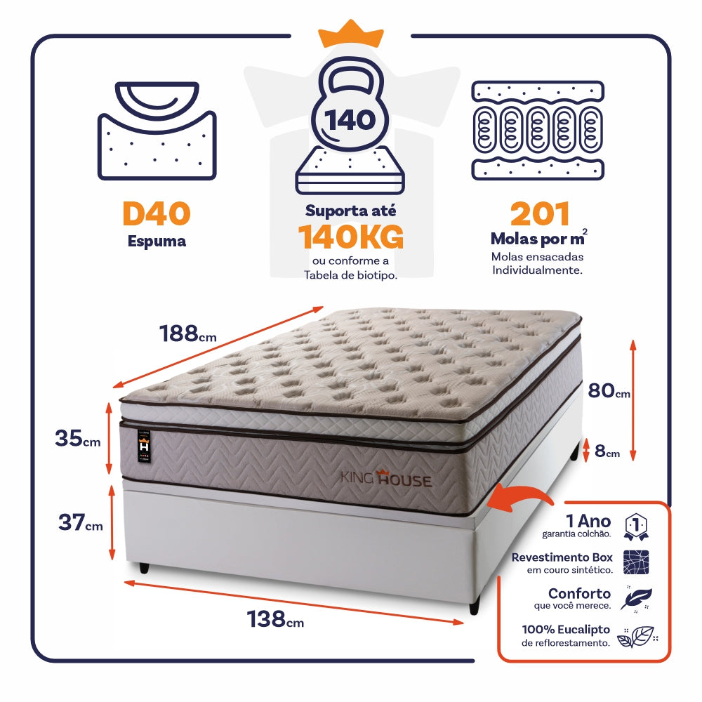 Cama Box Baú Liverpool 138x188 C/ Molas Ensacadas King House