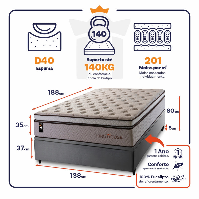 Cama Box Baú Liverpool 138x188 C/ Molas Ensacadas King House