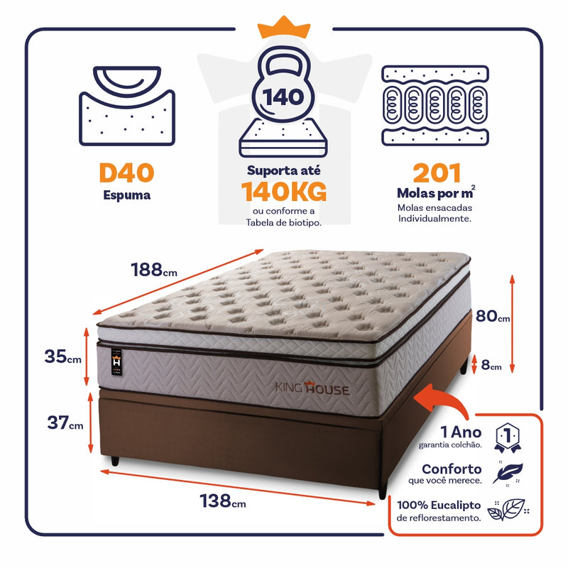 Cama Box Baú Liverpool 138x188 C/ Molas Ensacadas King House