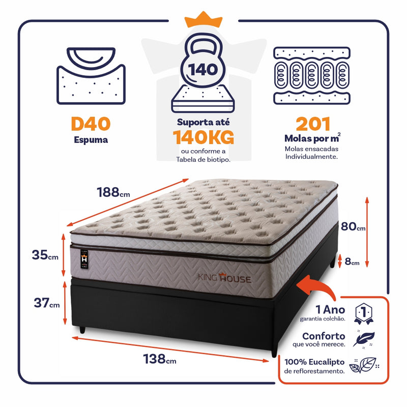 Cama Box Baú Liverpool 138x188 C/ Molas Ensacadas King House