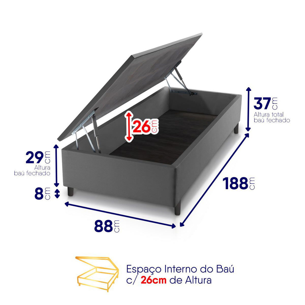 Cama Box Baú Luanda Espuma D28 Solteiro 88x188 King House