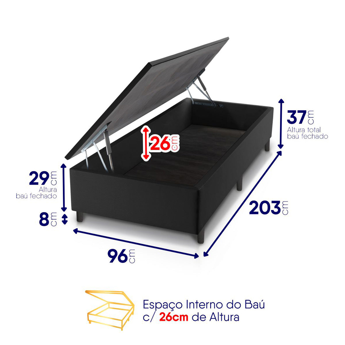 Cama Box Baú Luanda Espuma D28 Solteirão 96x203 King House