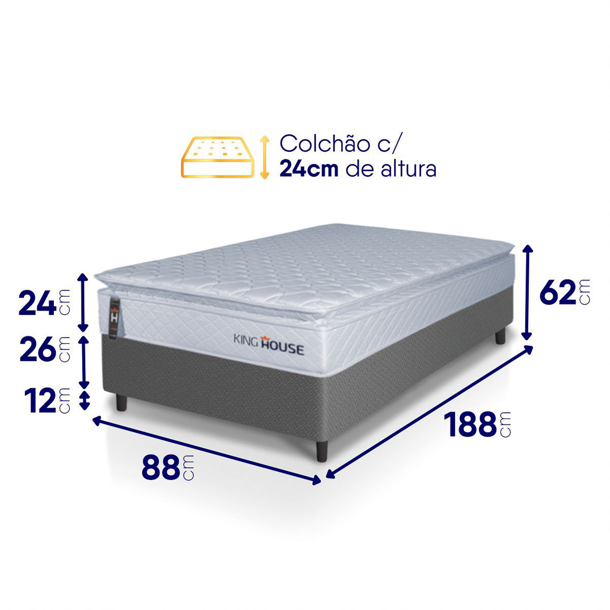 Cama Box Luanda Espuma D28 Solteiro 88x188 Cinza King House