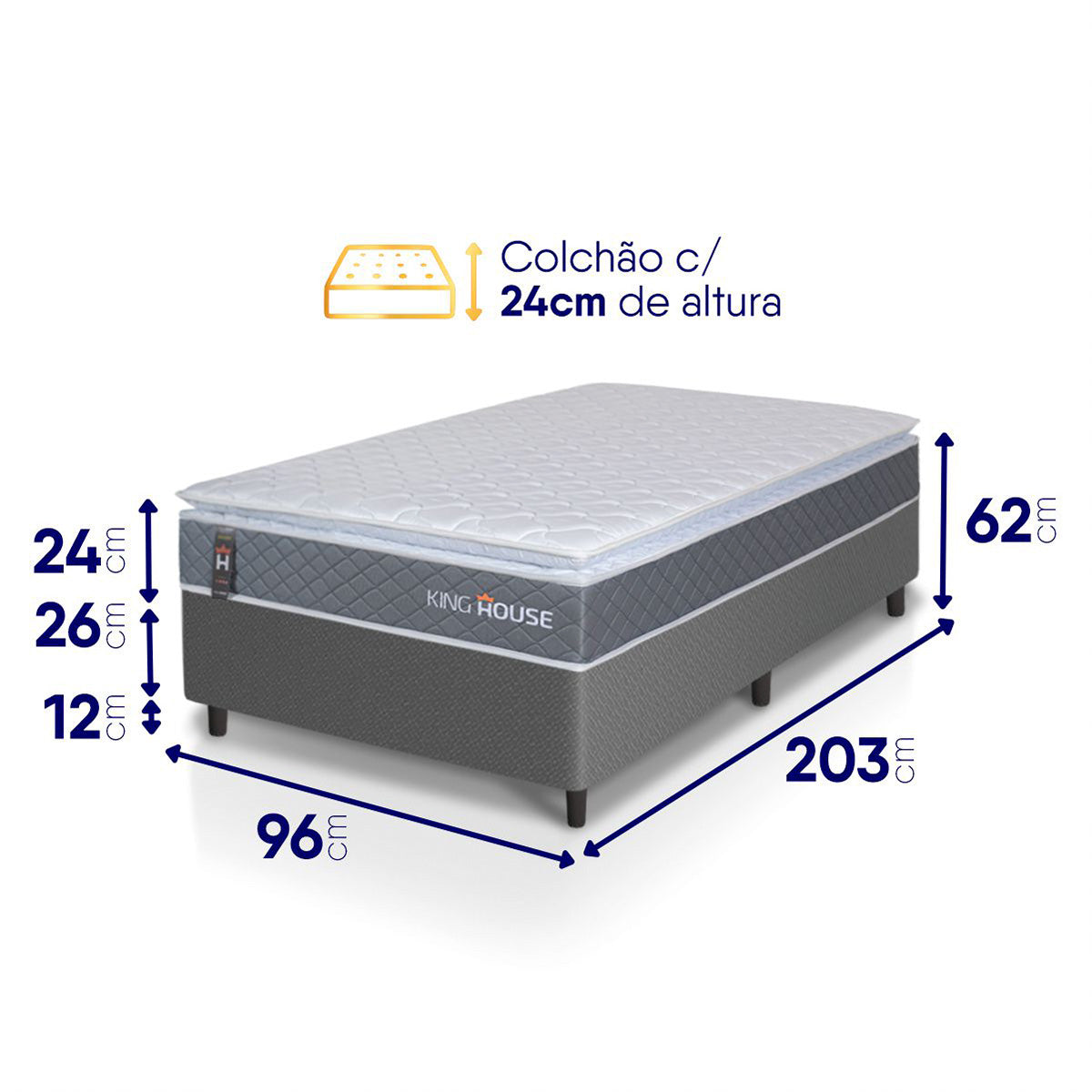 Cama Box Luanda Espuma D28 Solteirão 96x203 Cinza King House