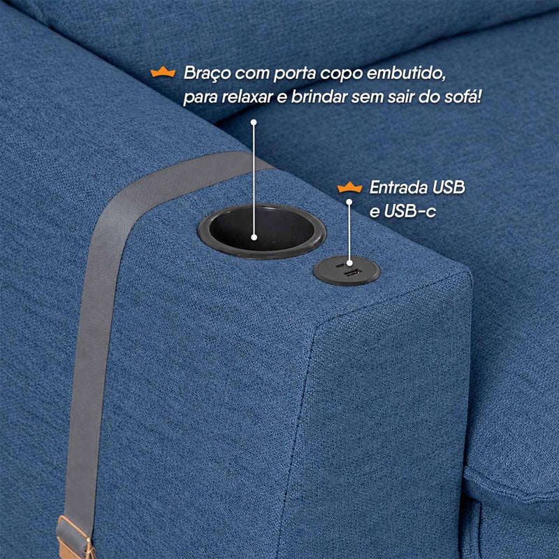 Sofá Retrátil Reclinável Lugano 2,20m USB Porta Copos Linho