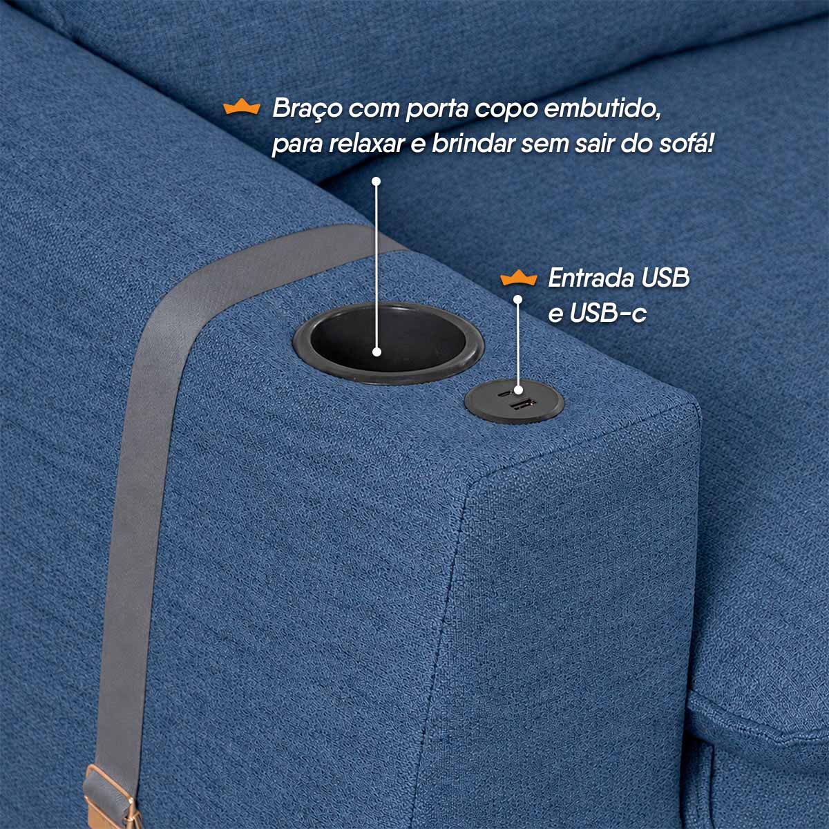 Sofá Retrátil Reclinável Lugano 2,40m USB Porta Copos Linho