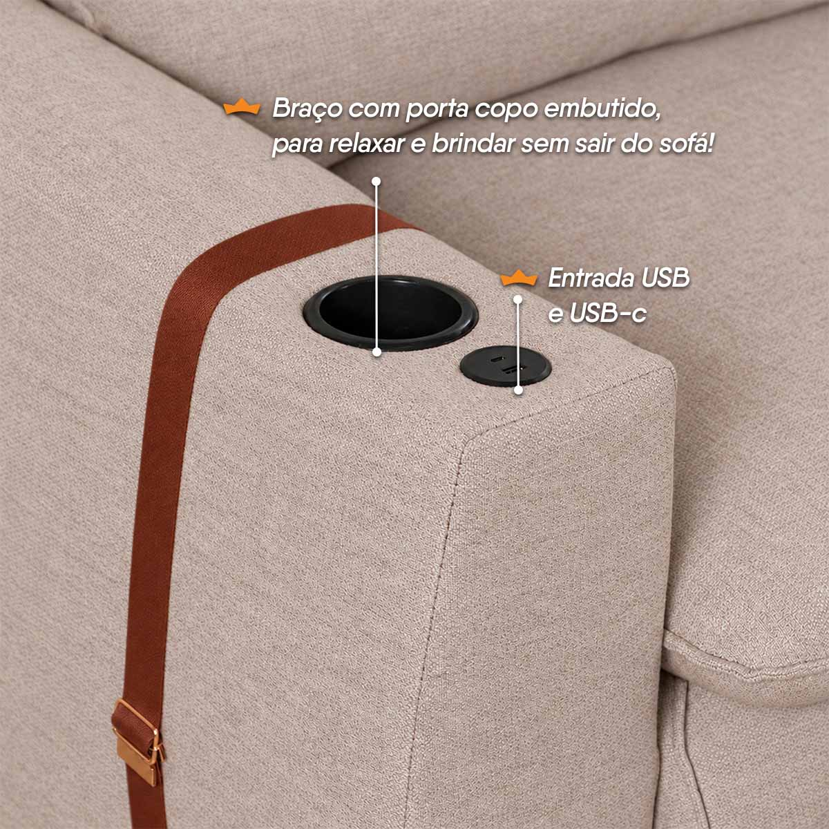 Sofá Retrátil Reclinável Lugano 2,20m USB Porta Copos Linho