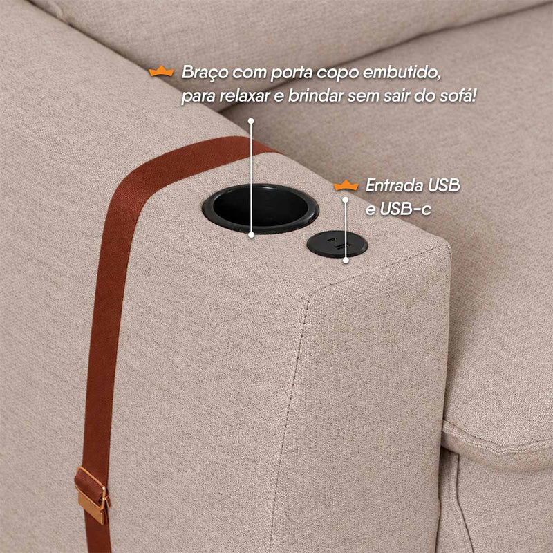 Sofá Retrátil Reclinável Lugano 2,40m USB Porta Copos Linho