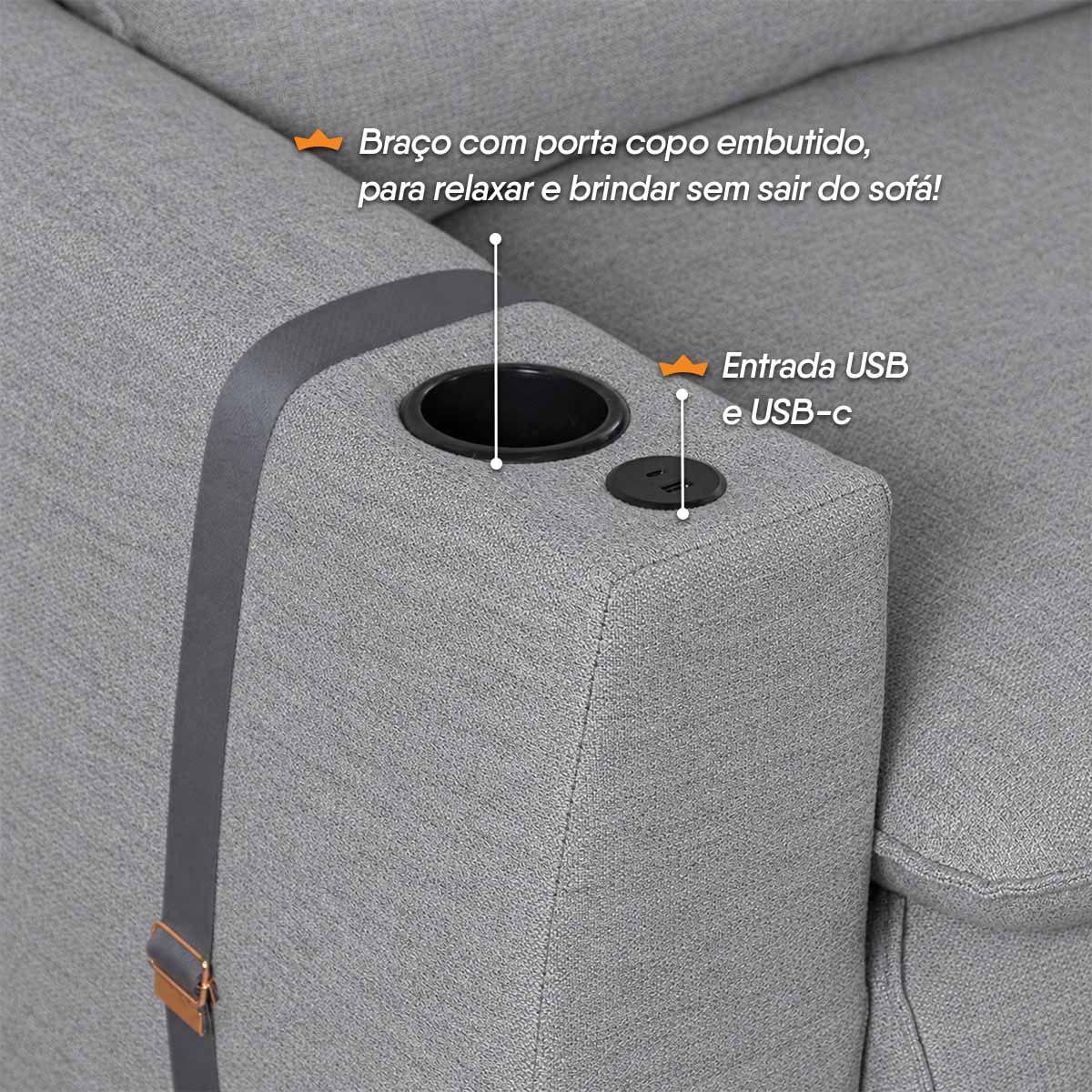 Sofá Retrátil Reclinável Lugano 2,60m USB Porta Copos Linho