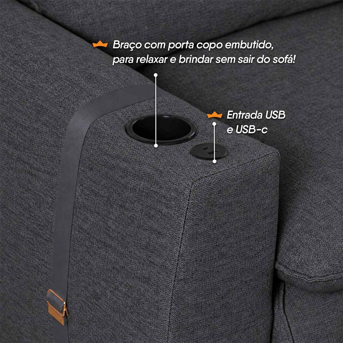 Sofá Retrátil Reclinável Lugano 2,40m USB Porta Copos Linho