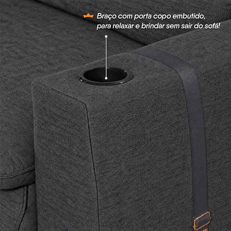 Sofá Retrátil Reclinável Lugano 2,90m USB Porta Copos Linho