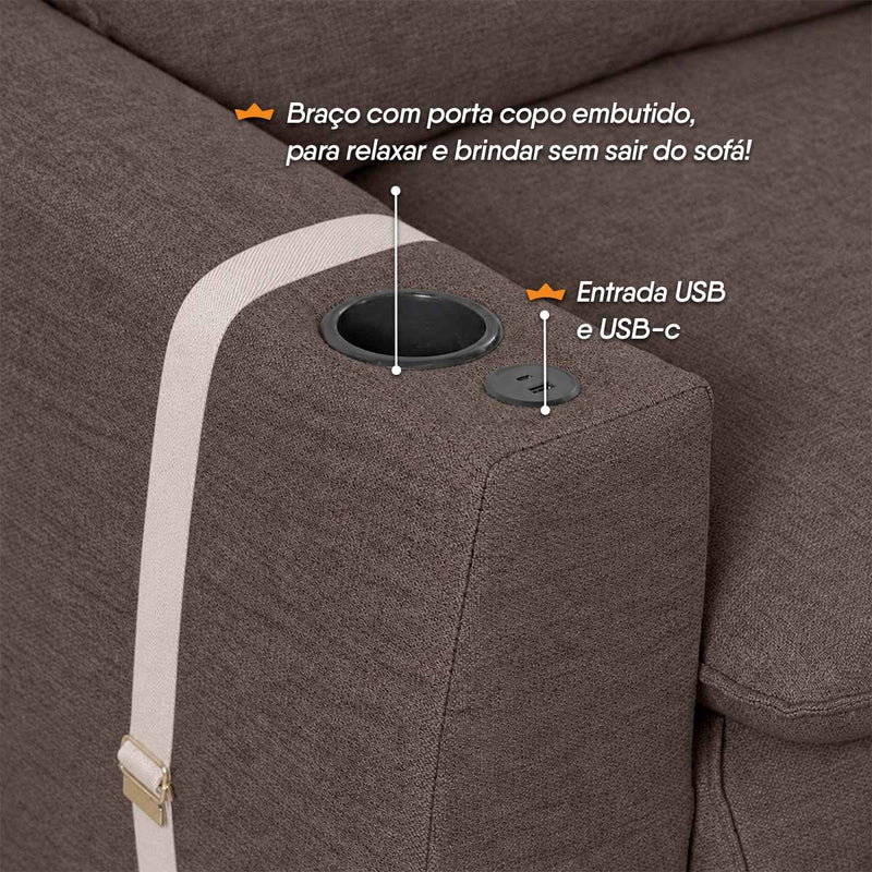 Sofá Retrátil Reclinável Lugano 2,60m USB Porta Copos Linho