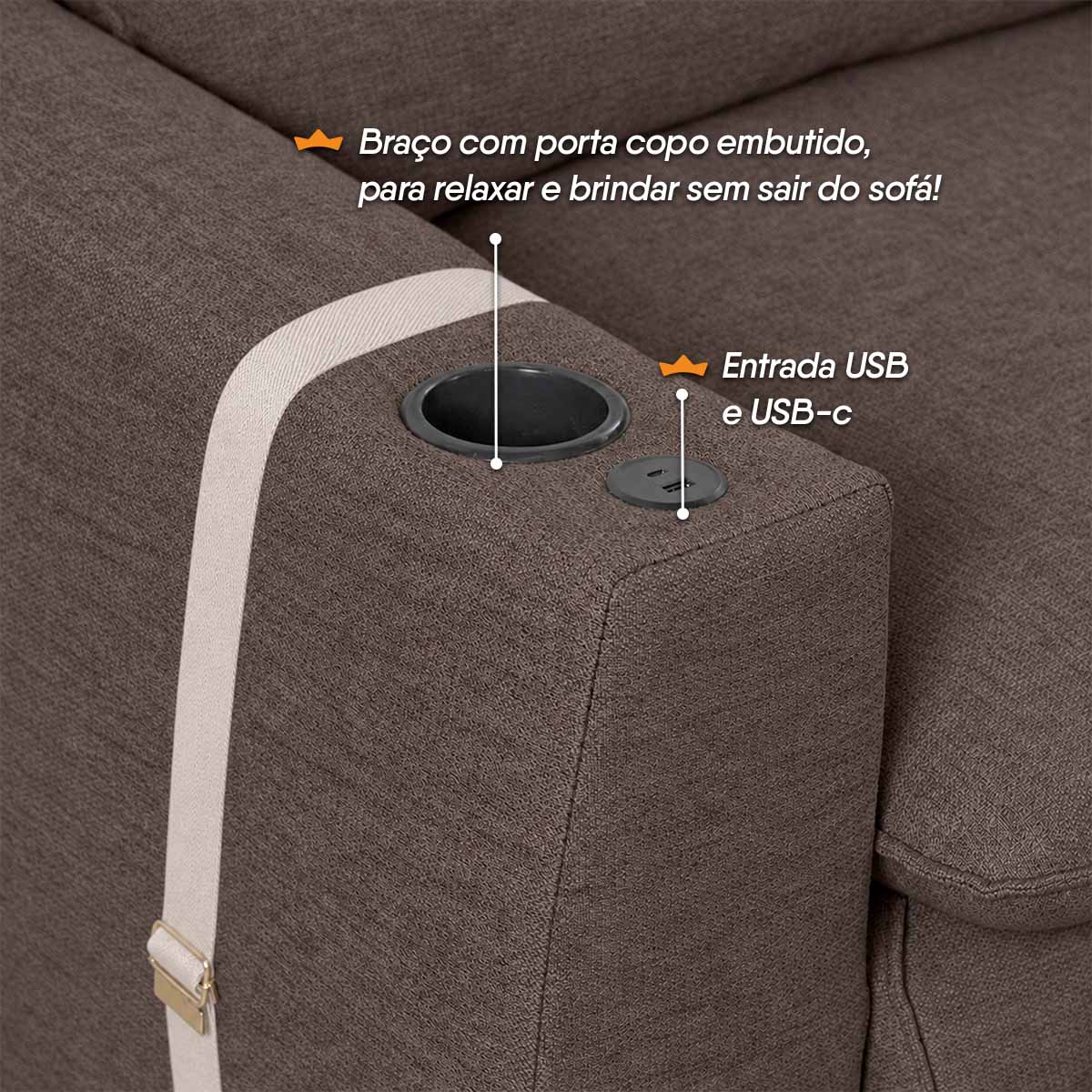 Sofá Retrátil Reclinável Lugano 2,90m USB Porta Copos Linho